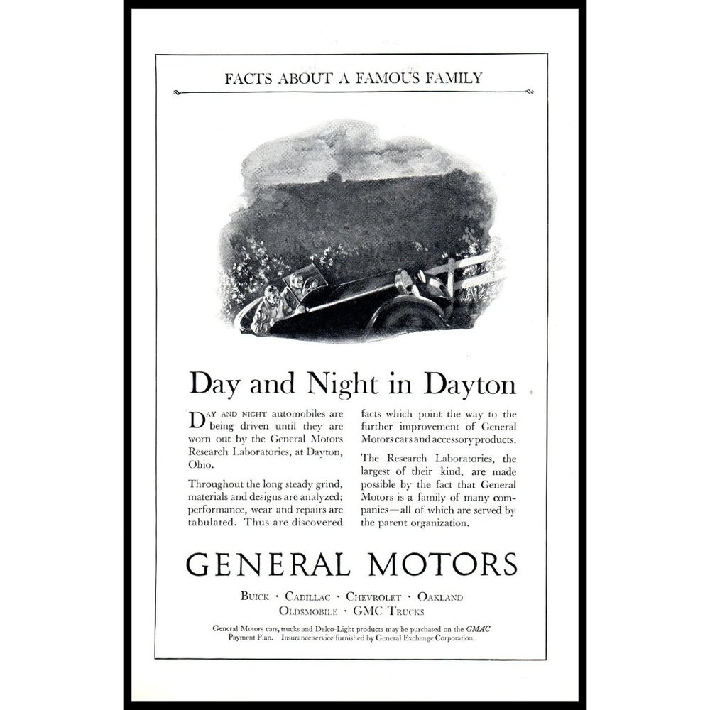 1924 GM General Motors Antique Car Vintage Print Ad Dayton Research Lab Wall Art